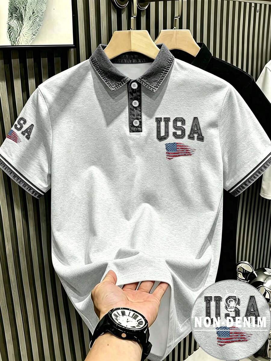 Manfinity Hypemode 美式復古做舊牛仔風拼色領口與袖口,USA星條旗印花翻領 Polo 衫,休閒成熟風上衣,男女款圖案 T 恤,適合日常通勤與夏季時尚 - 彩色 - 查看 1