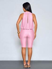 SOLERSUN Women's Halter-Neck Top And Fitted Knee-Length Shorts Set-Spring/Summer Old Money Aesthetic - Pink - View 3
