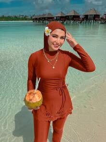SHEIN Swim 圓領長袖鏤空燒花素色抽繩中長款兩件式泳衣 - 鏽棕色 - 查看 9