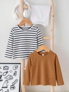 SHEIN 嬰兒男童女童春秋款黑白條紋與素色圓領長袖套頭上衣3件組，柔軟舒適百搭休閒，適合外出穿著 - 彩色 - 查看 6