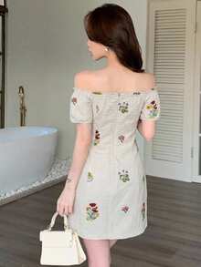 Joudiya 夏季花卉刺繡露肩女款短洋裝，適合婚禮宴會舞會、優雅通勤與度假 - 米色 - 查看 6