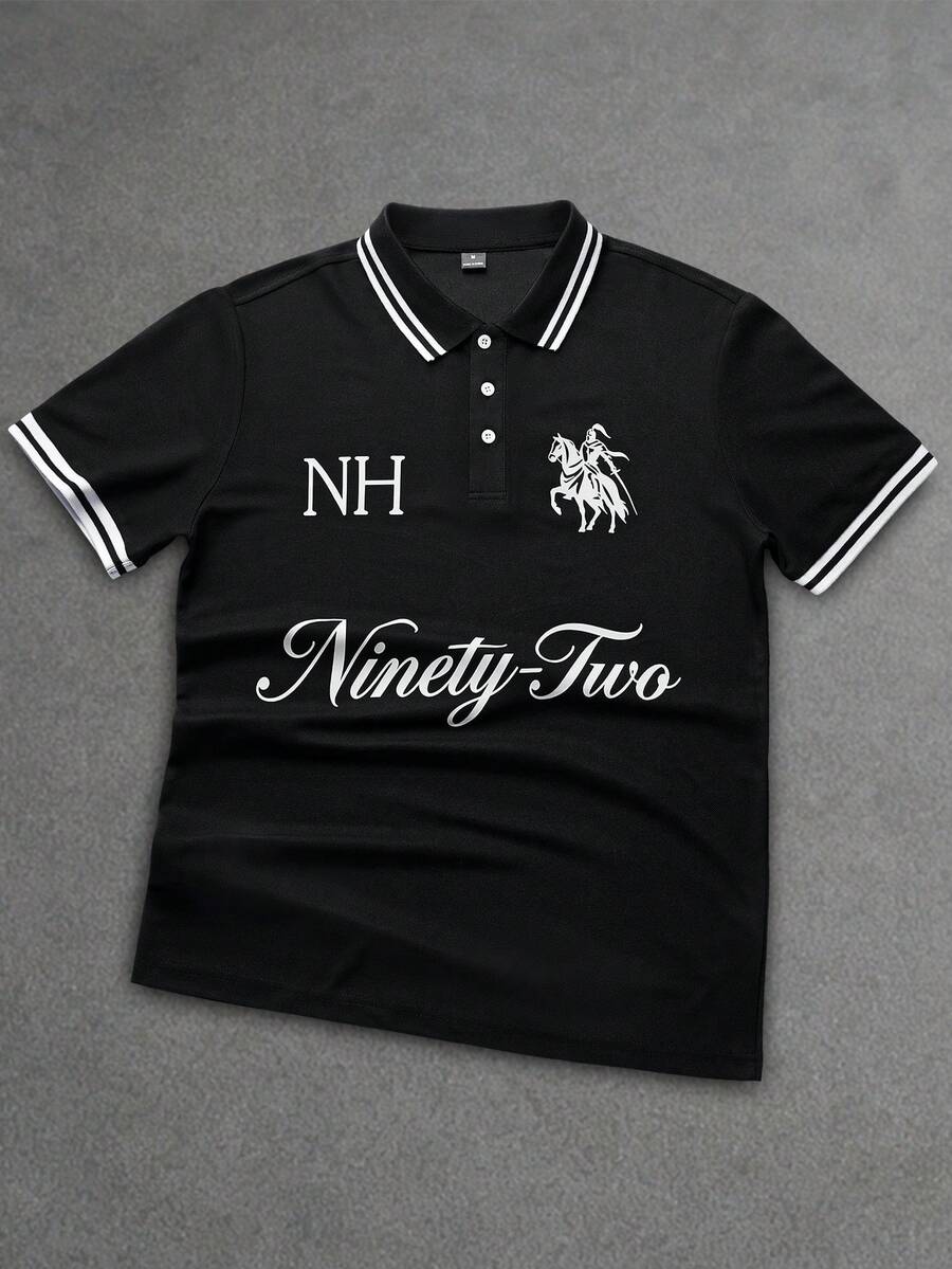 Manfinity Homme 男士字母條紋短袖休閒 Polo 衫 - 黑色 - 查看 1