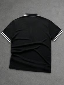Manfinity Homme 男士字母條紋短袖休閒 Polo 衫 - 黑色 - 查看 2
