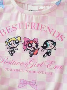 THE POWERPUFF GIRLS X SHEIN Young Girl Comfortable Casual Plaid Cartoon Print Crew Neck Short Sleeve T-Shirt With Fitted Shorts Co-Branded Set - Pink - View 5