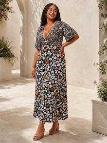 ELLERISSA Plus Size Multicolor Mixed Ditsy Print V-Neck Short Sleeve Tea Dress - Multicolor - View 3