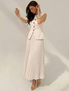 Aloruh Women's Elegant Commuter Solid Color Vest & Pleated Skirt Suit In Fall/Winter - Beige - View 7