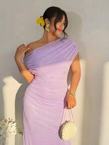 Firerie Vestido de un solo hombro de unicolor elegante talla grande, para verano - Morado - Ver 5