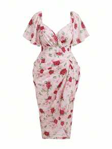 Sweetra Plus Size Women's Spring/Summer Sweetheart Neck Square Neck Floral Print Chiffon Ruffle Short Sleeve French Elegant Vintage Cute Romantic Vacation Midi Tulip Dress Pink Mid-Length - Pink - View 3