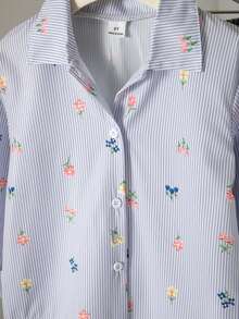 SHEIN Genkimix Kids 女童仿刺繡圖案藍白條紋印花襯衫，清新輕盈設計，領口長袖寬鬆休閒襯衫，花卉圖案，春秋休閒襯衫 - 彩色 - 查看 5