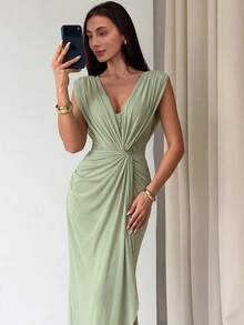 Aloruh Women's Spring/Summer New Sage Green Mesh A-Line Dress Suitable For Wedding Date Dinner Going Out Party Beach Elegant - Green - View 6