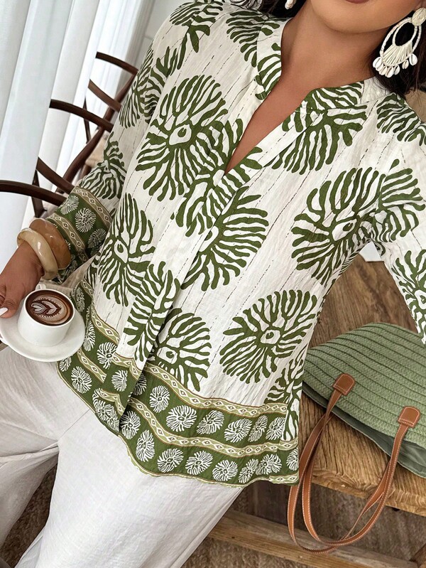 Weeklong Women's Plus Size Spring/Autumn Long Sleeve Notch Neck Solid Color Print Shirt, Suitable For Daily Wear, Vacation Fall