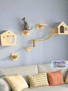 Solid Wood Wall-Mounted Cat Climbing Frame With Integrated Platform, Scratching Board, Cat Tree, Condos, Wall Nest And Scratching Post. Provides A Dedicated Space For Cats To Play, Climb, Sharpen Claws And Rest Comfortably. - apricot - View 1