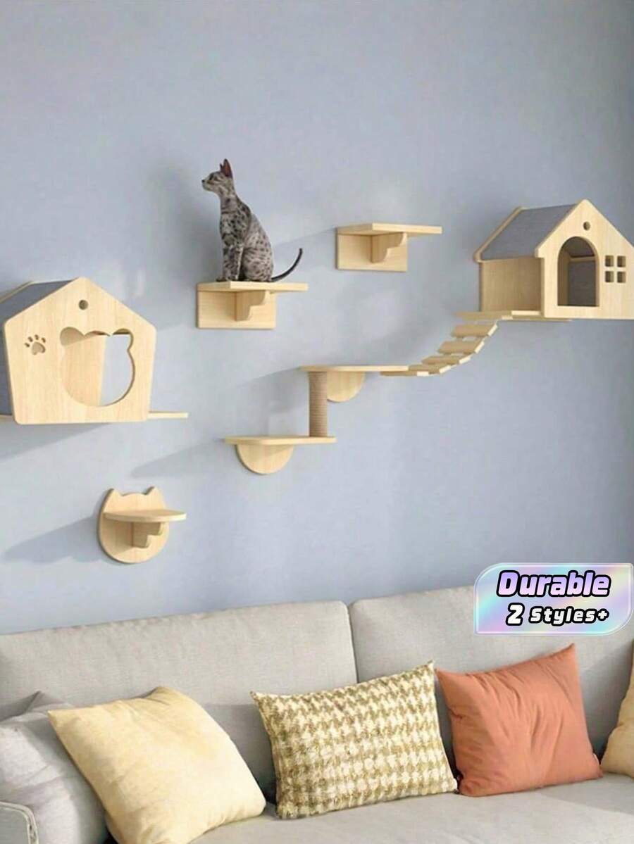 Solid Wood Wall-Mounted Cat Climbing Frame With Integrated Platform, Scratching Board, Cat Tree, Condos, Wall Nest And Scratching Post. Provides A Dedicated Space For Cats To Play, Climb, Sharpen Claws And Rest Comfortably. - apricot - View 1