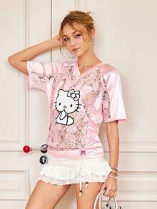 HELLO KITTY AND FRIENDS | SHEIN 女款夏季時尚蕾絲拼接卡通刺繡T恤 日常外穿 粉黑配色 可愛Y2K風格 - 粉色 - 查看 5
