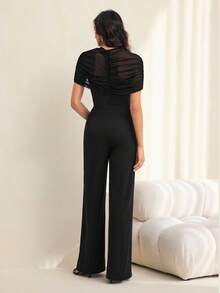 SHEIN Tall 純色立領網布拼接修身優雅短袖連身褲 - 黑色 - 查看 2