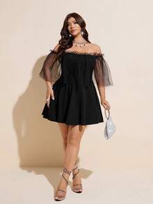 Viva Relle Vestido de línea A con chal de red para mujer de talla grande, sensual y elegante - Negro - Ver 4