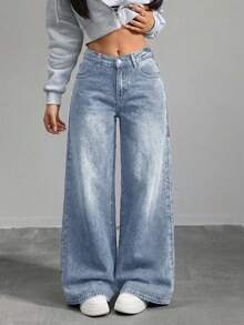 SHEIN Tall 女款寬腿鬆垮休閒百搭牛仔褲，附口袋 - 淺色水洗藍 - 查看 4