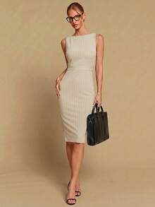 COSMINA Women's Elegant Striped Cinched Waist Mid-Length Dress, Versatile For Office, Commute And Everyday Wear, All Season - Apricot - View 1