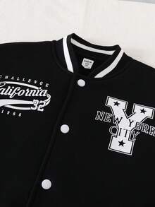 SHEIN Casuvi Kids 男童休閒學院風印花棒球開襟夾克外套，適合休閒、運動、校園穿著 - 黑色 - 查看 3