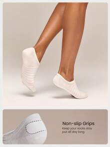 GLOWMODE 3 Pairs Invisible No-Show Socks Walk A Mile Soft Grip Daily Studio Workout Gym - White+ Apricot+Black Stripe - View 2