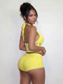 EgrlEra Women's Sexy Tropical Hot Girl Neon Yellow Lace Semi-Sheer V-Neck Exposed Waist Beach Vacation 2 Pieces Set Summer - Yellow - View 2