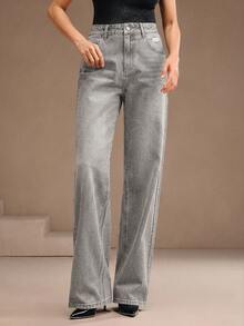 Anewsta Women's Fashion Ripped Rhinestone Embellished Straight Leg Jeans - Grey - View 3
