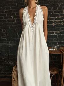 Breezaya Women's Halter Neck Minimalist Boho Elegant Dress Beach Cream White Summer - Apricot - View 5