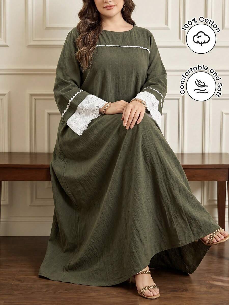 Al Najma تونيك نسائي كاجوال بتصميم بسيط بلون موحد، ياقة دائرية، مزين بتطريز، أكمام طويلة، قصة فضفاضة عادية، مقاس كبير، مناسب للربيع والصيف، تونيك تركي & تونيك عربي تقليدي - أخضر عسكري - مشاهدة 1
