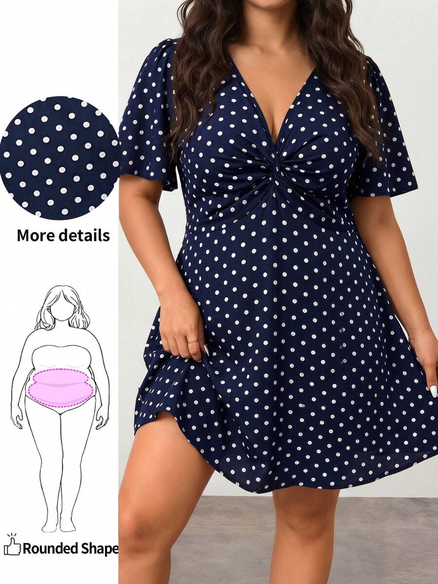 Enliva Vestido casual de vacaciones con estampado de lunares y nudo retorcido para tallas grandes - Azul - Ver 1