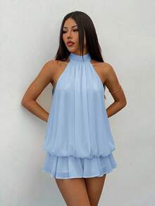 SHEIN PETITE 女款優雅淡黃色掛脖繫帶迷你洋裝，適合派對、約會，秋/冬與春/夏穿著 - 淺藍色 - 查看 4