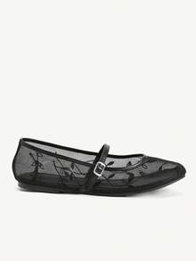 CUCCOO CHICEST 女款黑色PU網布縫線刺繡時尚度假海灘優雅平底鞋 - 黑色PU網紗 - 查看 3