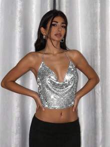 SHEIN Unity Draped Collar Chain Detail Backless Crop Metallic Halter Top For New Year Holiday Party Clothes - Silver - View 3