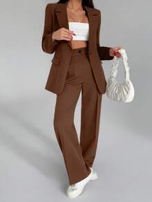 EURMUSE Conjunto de dos piezas de mujer de unicolor, chaqueta tipo blazer y pantalones - Café integral - Ver 4