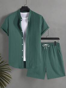Genlund Conjunto de playa de camisa de manga corta y pantalones cortos de unicolor para hombres de talla grande - Verde - Ver 2