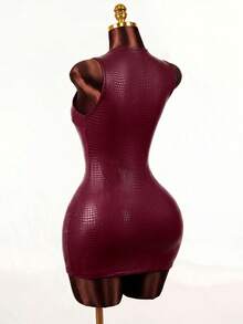 Mistrie Women's PU Leather Eyelet Decor Sexy Date Party Dress - Burgundy - View 2