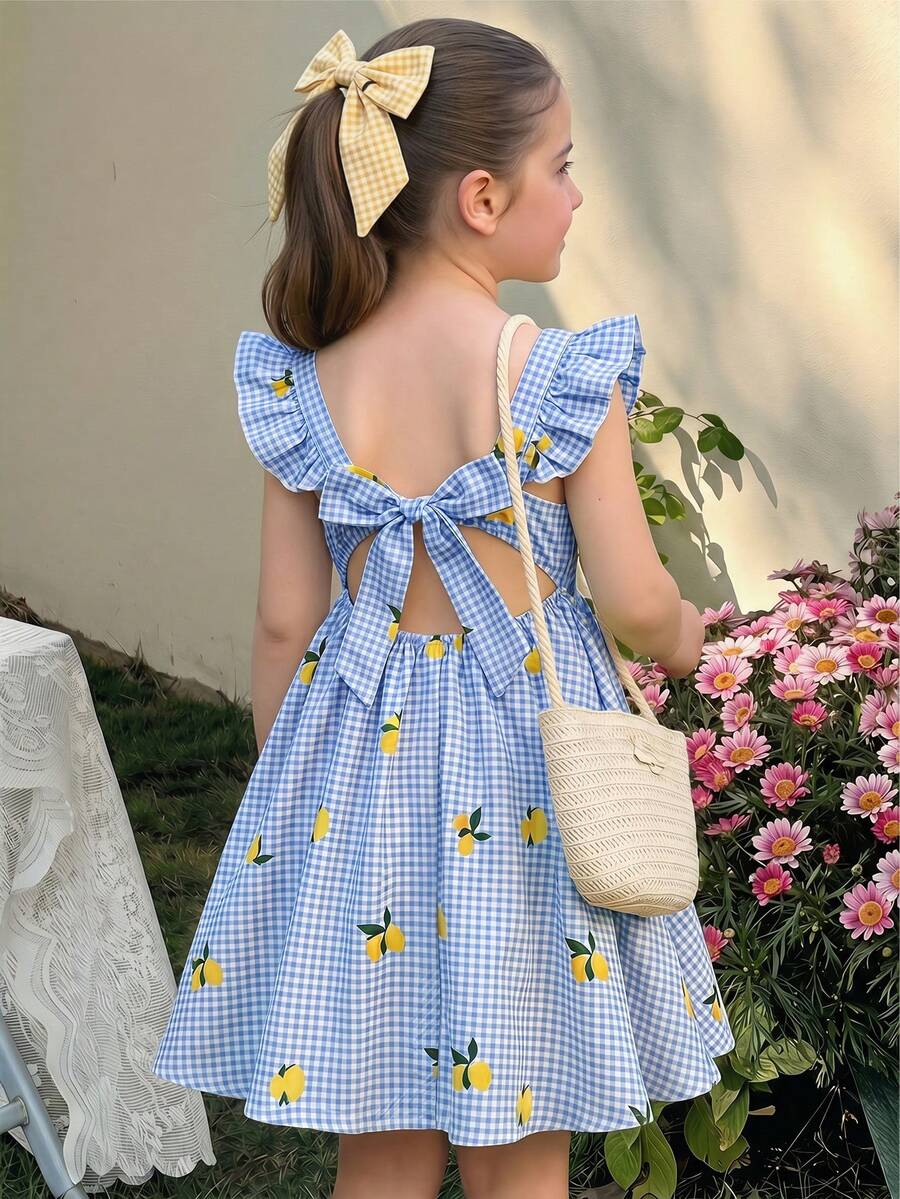 SHEIN 女童編織格紋水果印花方領荷葉邊休閒洋裝 - 藍白色 - View 1