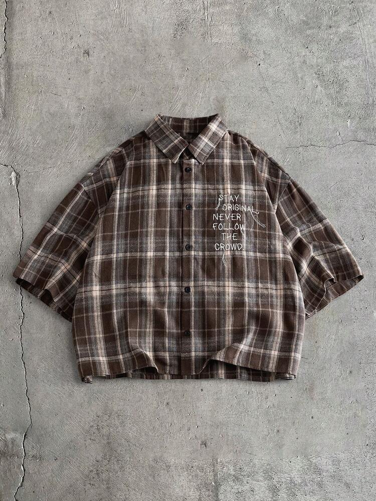 AXEPEAK Men's Plaid Letter Print Casual Versatile Daily Outing Shirt - Multicolor - View 7