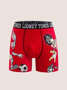 LOONEY TUNES X SHEIN Men's Letter Waistband Striped Casual Boxer Briefs - Burgundy - View 1