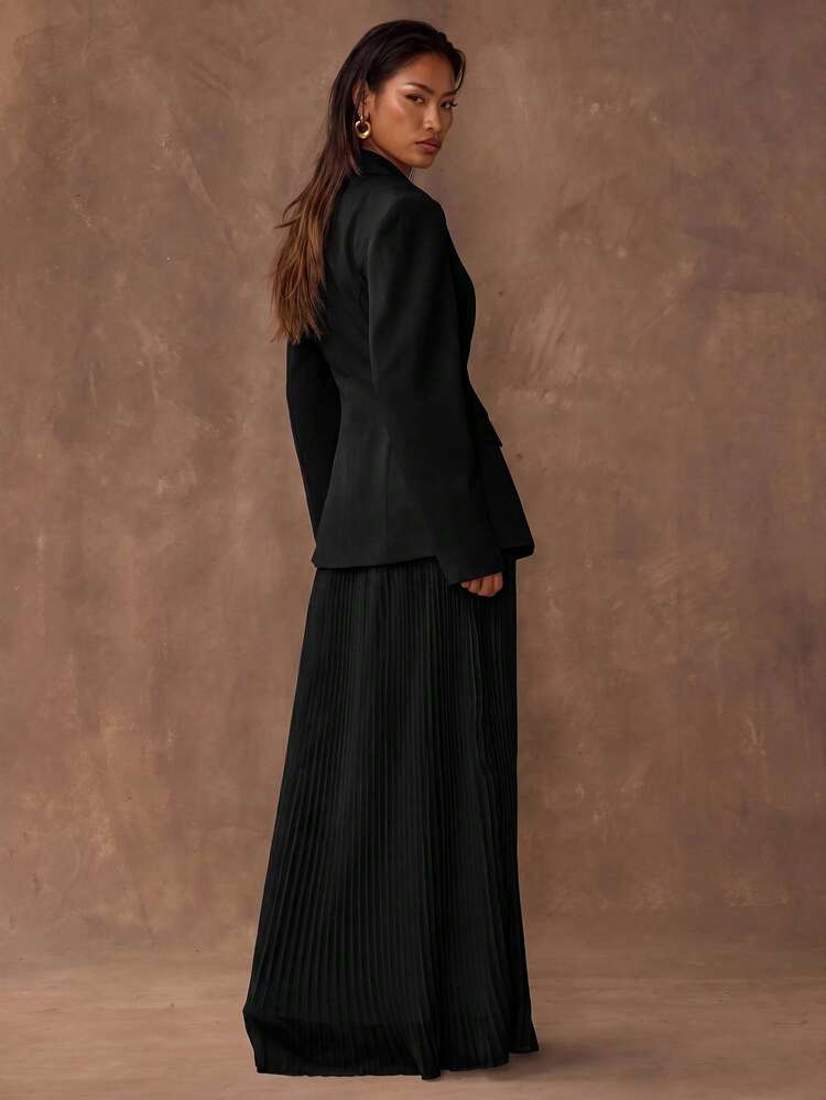 SHEIN BAE Women's Solid Color Waist-Cinching Blazer And Casual Daily Skirt 2 Pieces Set - Black - View 7