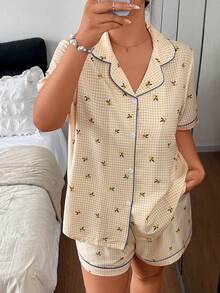 Napfluff CURVE Napfluff CURVE Plus Size Lemon Plaid Print Lapel Button-Front Short Sleeve Shorts Pajama Set - Yellow - View 5