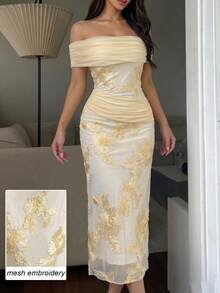 Modelyn Apricot Embroidered Contrast Mesh Off Shoulder Pleated Elegant Fashionable Date Night Midi Dress For Women - Apricot - View 9
