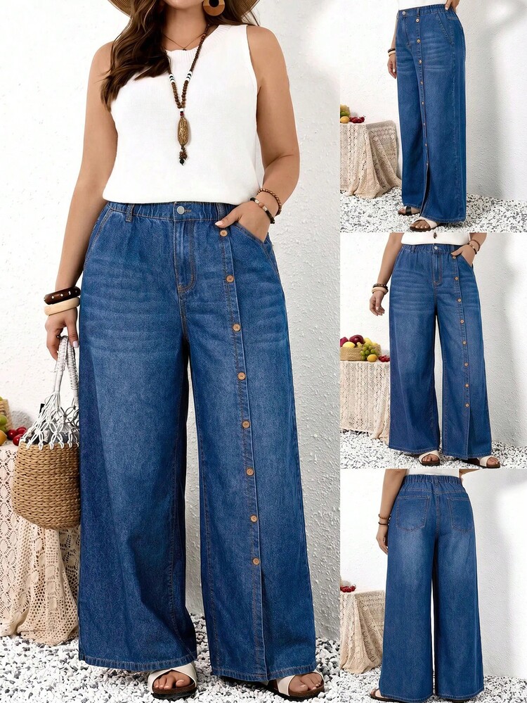 EMERY ROSE EMERY ROSE Plus Size Women's Casual Versatile Daily Wear Denim Jeans With Pockets, Vacation Casual Wide Leg Denim Pants, Country Concert, Beach, Summer, Fall - Blue - View 1