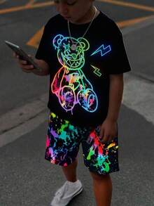 SHEIN 2 pièces/Set Style de rue décontracté pour pré-adolescents Drôle Motif 3D T-shirt à col ras-du-cou à manches courtes et short à taille élastique, convient pour l'automne, le printemps, l'été, les jeux extérieurs, l'école, le style de rue, les fêtes et les loisirs - Multicolore - Voir 5
