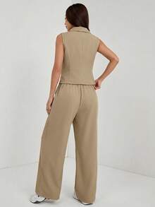 SHEIN PETITE 兩件式秋季女裝套裝 2件/組 素色無袖上衣與長褲 秋季服飾 - 卡其色 - 查看 2