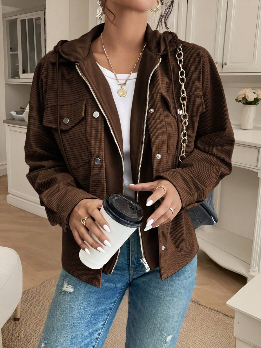 SHEIN Frenchy 女款休閒純色連帽夾克,春/秋季 - 棕色 - 查看 1