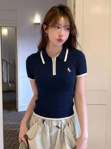 DAZY 女款拼色動物刺繡圖案休閒百搭日常穿著針織上衣 - 藏蓝色 - 查看 8