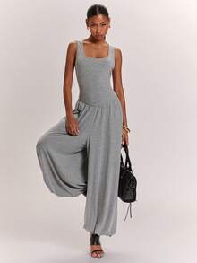 SHEIN BAE Women's Casual Commute Square Round Neck Minimalist Lantern Ruched Grey Marled Lantern Jumpsuit, Suitable For Casual Commute, Daily Wear, Casual Outing, Grey Lantern Pants, Grey Marled Lantern Pants - Grey - View 7