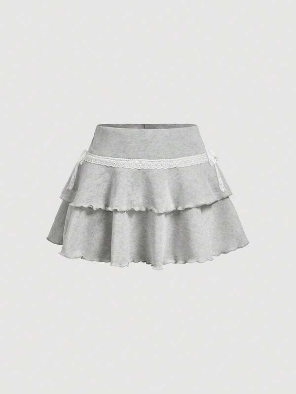 SHEIN MOD Women's Double Layer Ruffle Hem Lace Trim Bow Mini Skirt, Autumn,Country Concert Outfit,Casual, Back To School
