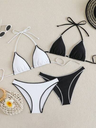 Swim Basics Summerbeach 女款對比飾邊掛脖比基尼上衣與褲子套裝