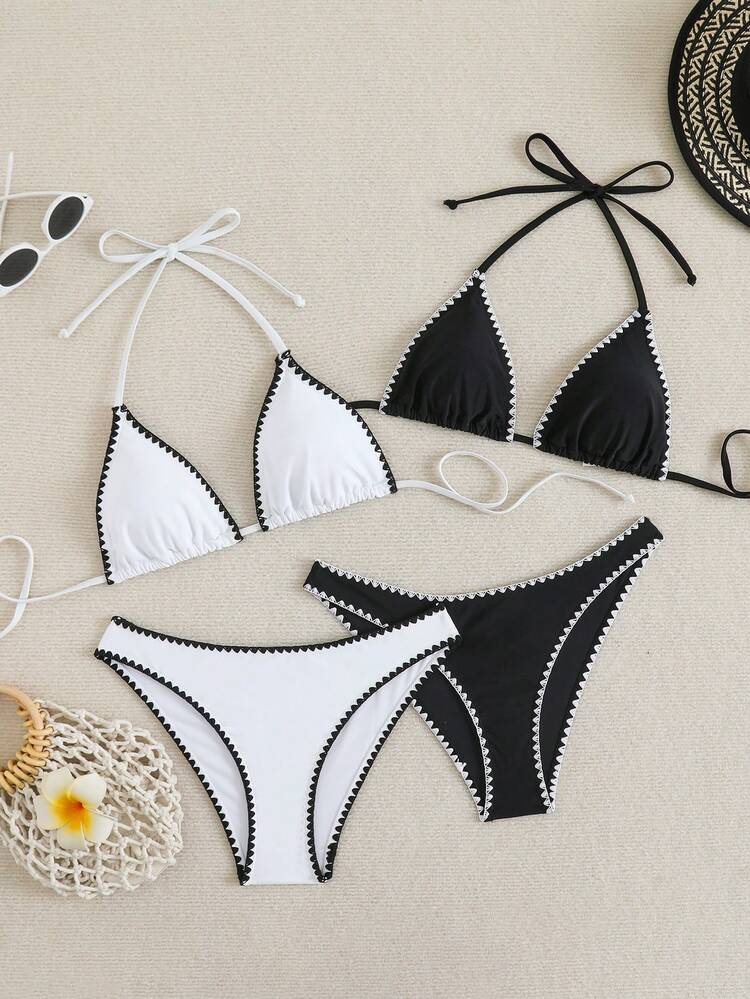 Swim Basics Summerbeach Women's Contrast Trim Halter Top And Bottom Bikini Set - Black and White - View 6